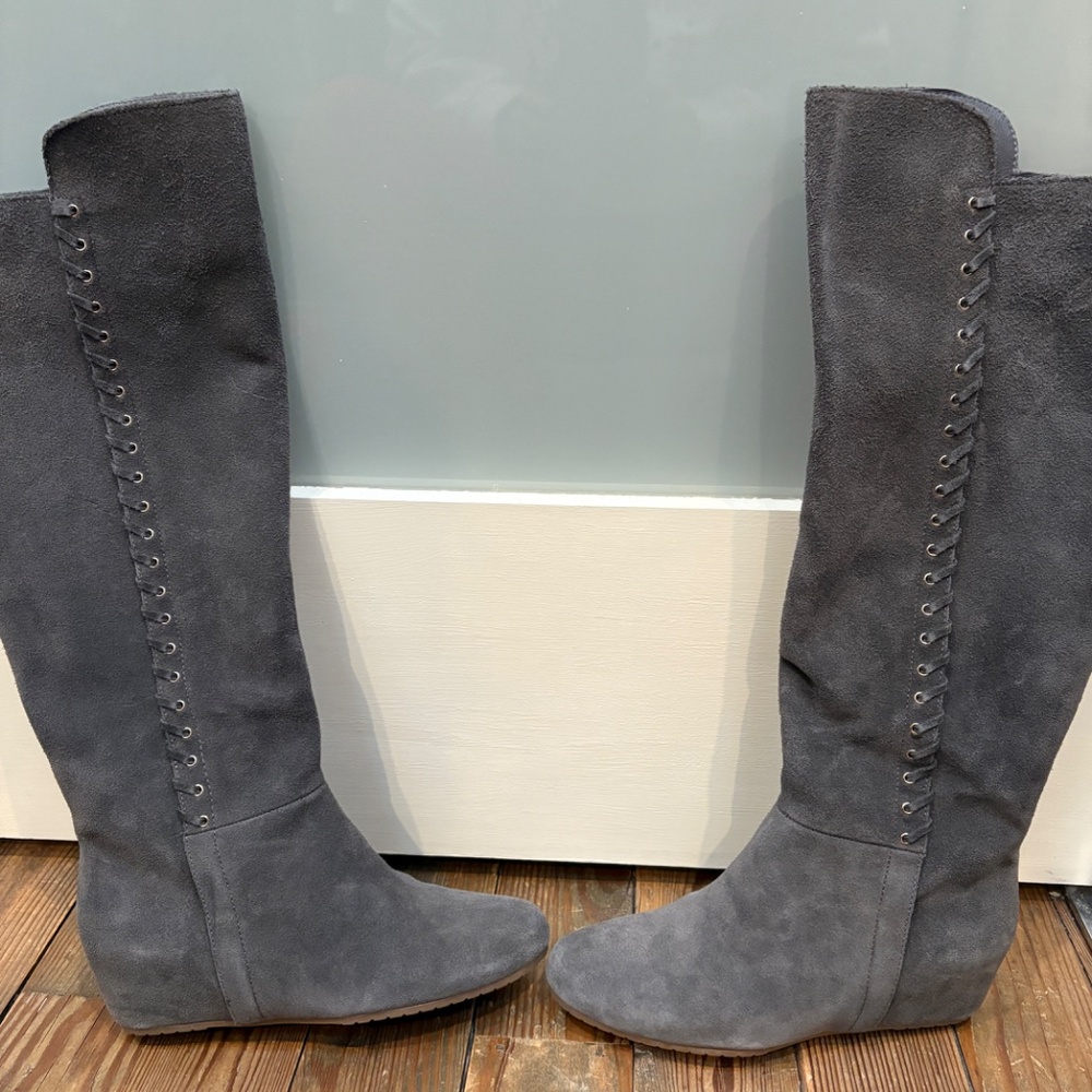 Isola Gray Suede Knee-High Wedge Boots